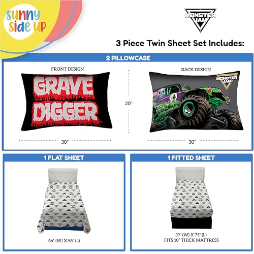 Image of Sunny Side Up Monster Jam Grave Digger Twin Sheet Set - 3 Piece Kids Bedding Set Includes Pillow Cover - Super Soft Microfiber Sheets