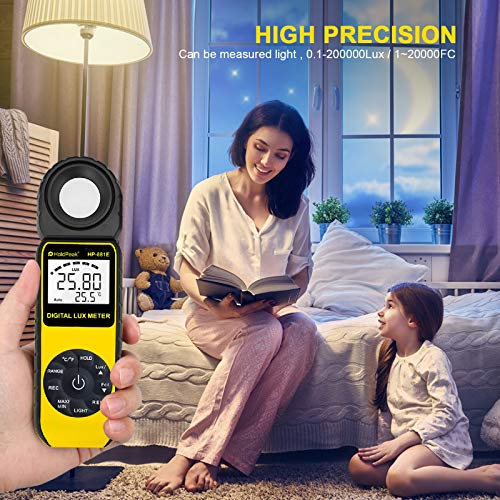 Light Meter-HOLDPEAK 881E Digital Illuminanc/Light Meter with 0.01~300,000 Lux (0.01~30,000 FC) Measuring Ranges and 270° Rotatable Detector for LED Lights and Plants Lumen Meter
