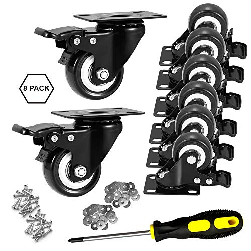 Image of 2 inch Caster Wheels Set of 8, Heavy Duty Casters with Brake, No Noise Locking Casters with Polyurethane (PU) Wheels, Swivel Plate Castors Pack of 8