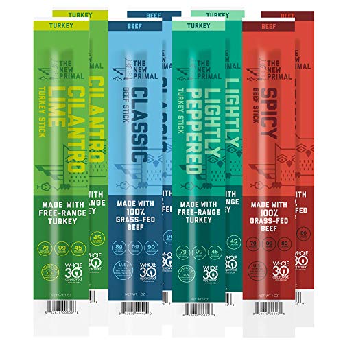 The New Primal Meat Stick Sampler, Whole30 Approved, Paleo, Keto, Certified Gluten Free, Low Carb, High Protein Snack, Sugar Free, Grass-fed Beef, 1 Oz Sticks (Pack of 8)