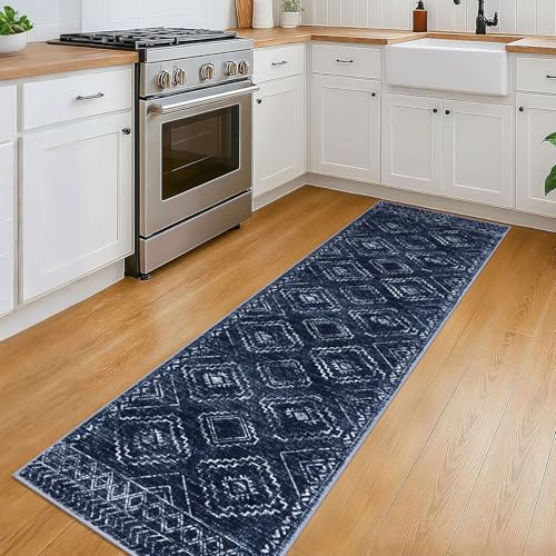 KILOCOCO Boho Kitchen Runner Rug 2x6 Washable Runner Rug, Soft Runners for Hallways Non Slip Printed Distressed Laundry Room Rugs, Low-Pile Rugs for Entryway/Bedroom/Living Room, Dark Blue