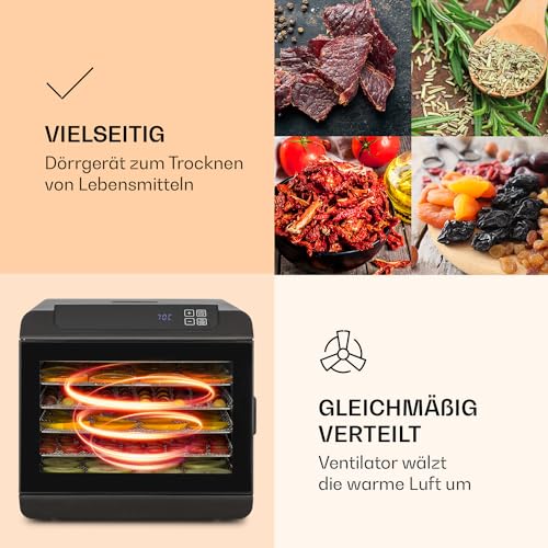 Klarstein Arizona Jerky Dörrautomat - Dörrgerät, Dehydrator, trocknet Obst, Fleisch und Früchte, 500 Watt, 35-70°C, 6 spülmaschinenfeste Einlagefächer, kurze Trockenzeit, Touch-Display, schwarz – Bild 6