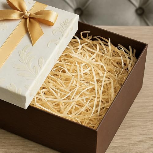 Holzwolle, Füllmaterial Geschenk, 200g Champagnerfarbene Raffia Streu mit 10g Goldfäden, Ideales Verpackungsmaterial für Geschenkboxen, DIY Deko für Events und Wohnaccessoires