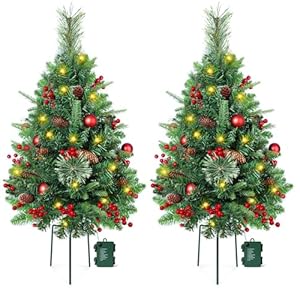 2 Set 30 Inch Outdoor Christmas Tree with LED Lights, Battery Powered & 6H Auto Timer, 8 Modes, Prelit Christmas Tree with Pine Cones Red Berries and Ball, Holiday Decor for Porch Yard Patio Pathway