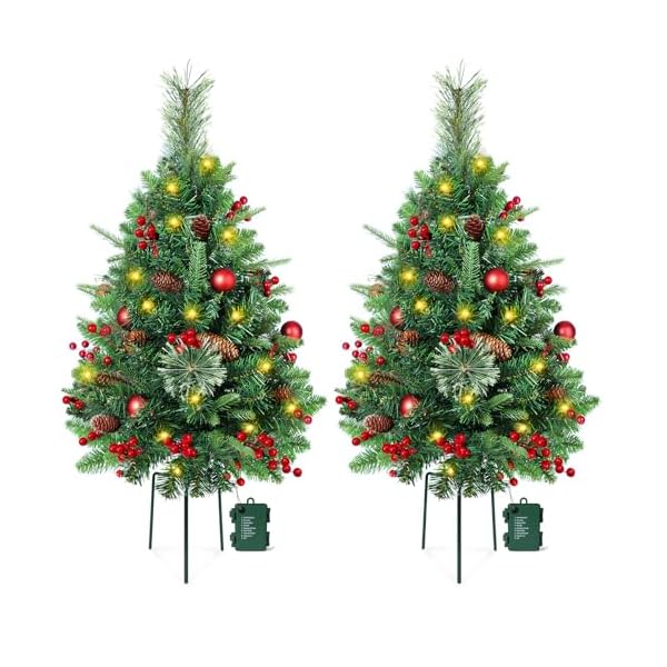 2 Set 30 Inch Outdoor Christmas Tree with LED Lights, Battery Powered & 6H Auto Timer, 8 Modes, Prelit Christmas Tree with Pine Cones Red Berries and Ball, Holiday Decor for Porch Yard Patio Pathway