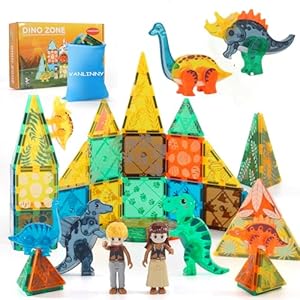 VANLINNY Magnetic Tiles for Kids, Dinosaur Magnet Blocks 3D Building Set for Kids 3+, School Creative and Educational Magnet Kits with 5 Movable Dinosaurs, Birthday Xmas Gifts for Boys and Girls
