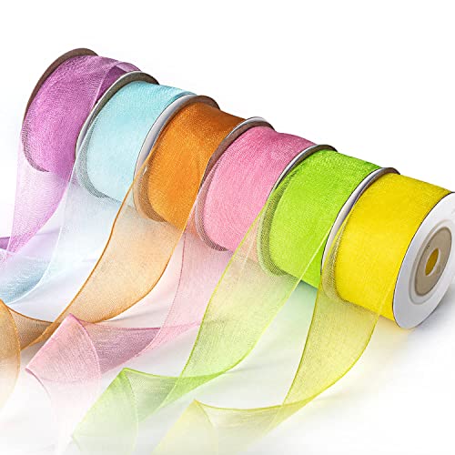 Sofire 6 Spools Ribbon Sheer Chiffon Ribbon Gift Wrapping Ribbon Summer Ribbon Organza Ribbon For Crafts, 1 Inch Wide 60 Yards #TOP3