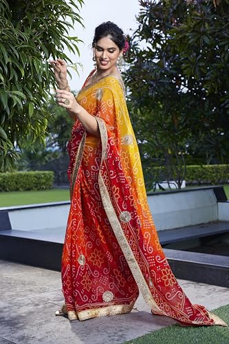 Image of MIRCHI FASHION Women Saree Georgette Traditional Bandhani | Ethnic Printed Sari for Social Gatherings with Unstitched Blouse Piece