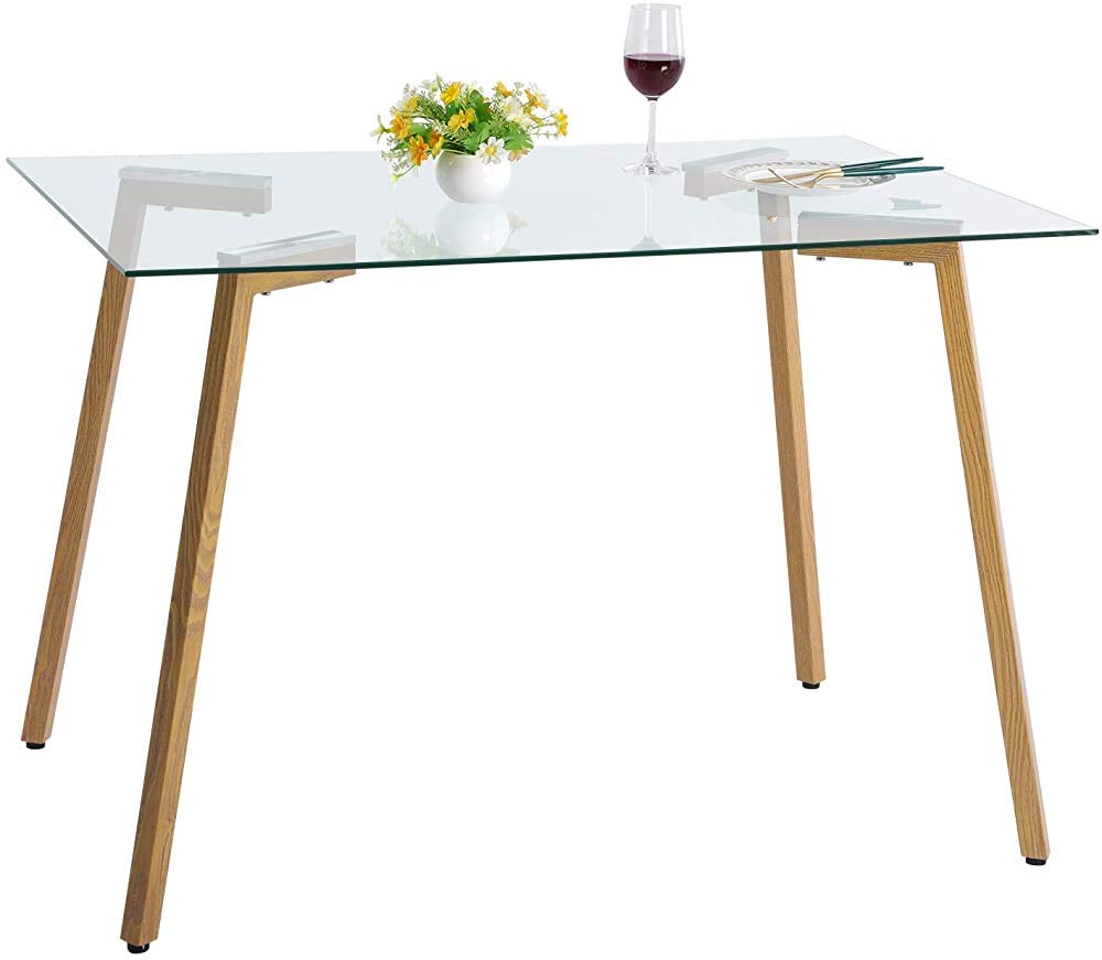 Modern Rectangular Glass Dining Table, Kitchen Table for Dining Room Office, Oak Grain Metal Legs,A