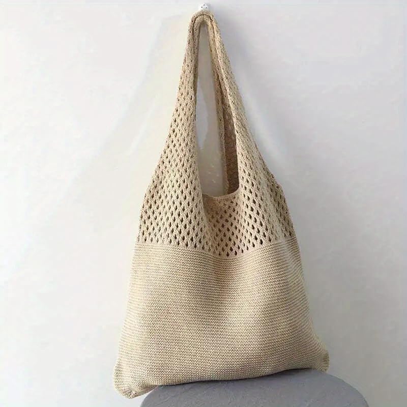 Bolso tote tejido a crochet en malla beige para mujer, estilo bohemio, para playa miniatura 3