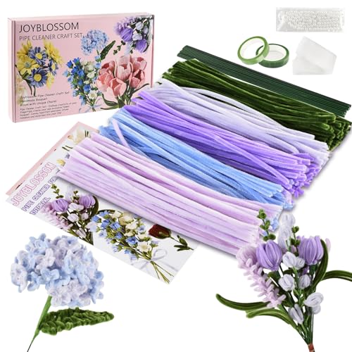 Joyblossom 250pcs Pipe Cleaners for Craft 5 Colours Pipe Cleaners for Craft Flowers with Flower Stems Florist Tape Pearls Tutorial for DIY Bouquet Project Decoration Purple