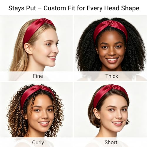 Image of ZLYC Mulberry Silk Headband for Women's Hair, Solid Burgundy | smooth luxury real silk, stretch elastic no slip fit, makeup spa skincare use, travel daily wear,boho fashion hair accessory