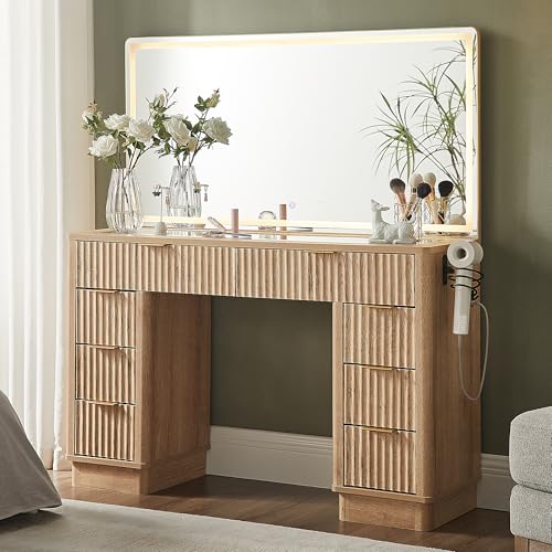 T4TREAM 48' Fluted Makeup Vanity Desk with Large Led Lighted Mirror, Modern Vanity Table with...