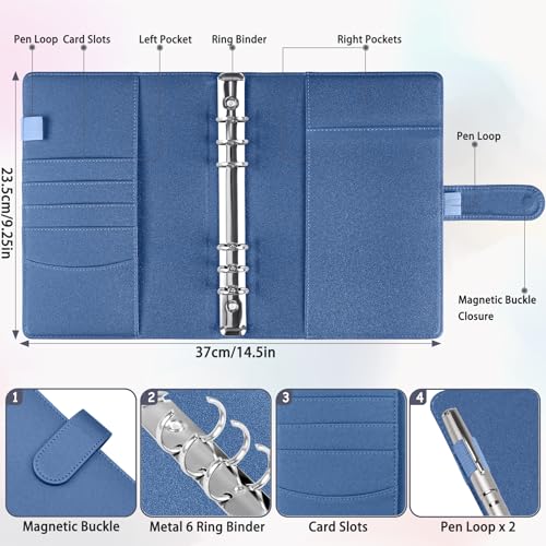 Image of Antner A5 Notebook Binder with 6-Ring Photocard Cover, PU Leather Refillable Budget Binder Loose Leaf Personal Organizer, Magnetic Buckle, Glitter Blue