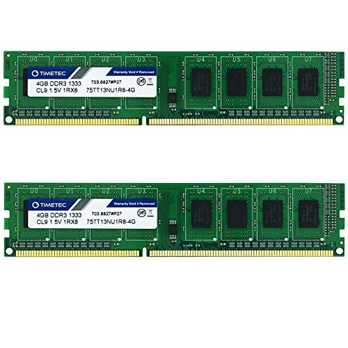 Image of Timetec DDR3 1333MHz PC3-10600 Non-ECC Unbuffered 1.5V CL9 2Rx8 Dual Rank 240 Pin UDIMM Desktop PC Computer Memory RAM Module Upgrade (Single Rank 8GB KIT(2x4GB))