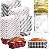 Teenyyou 100 Sets Christmas Paper Loaf Pan 6.3 x 2.2 x 2.2 Inch Mini Disposable Bread Pans with Clear Plastic Bags and Ties Rectangle Baking Mold Loaf Containers for Bread Cake Baking (Plaid Style)