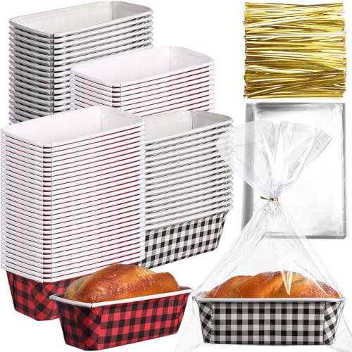 Image of Teenyyou 100 Sets Christmas Paper Loaf Pan 6.3 x 2.2 x 2.2 Inch Mini Disposable Bread Pans with Clear Plastic Bags and Ties Rectangle Baking Mold Loaf Containers for Bread Cake Baking (Plaid Style)