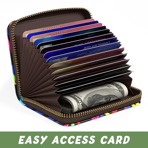 Image of Aiawoxc Credit Card Holder, Small RFID Wallet Slim Leather Card Organizer Case with Zipper and Keychain, Abstract Rainbow Art