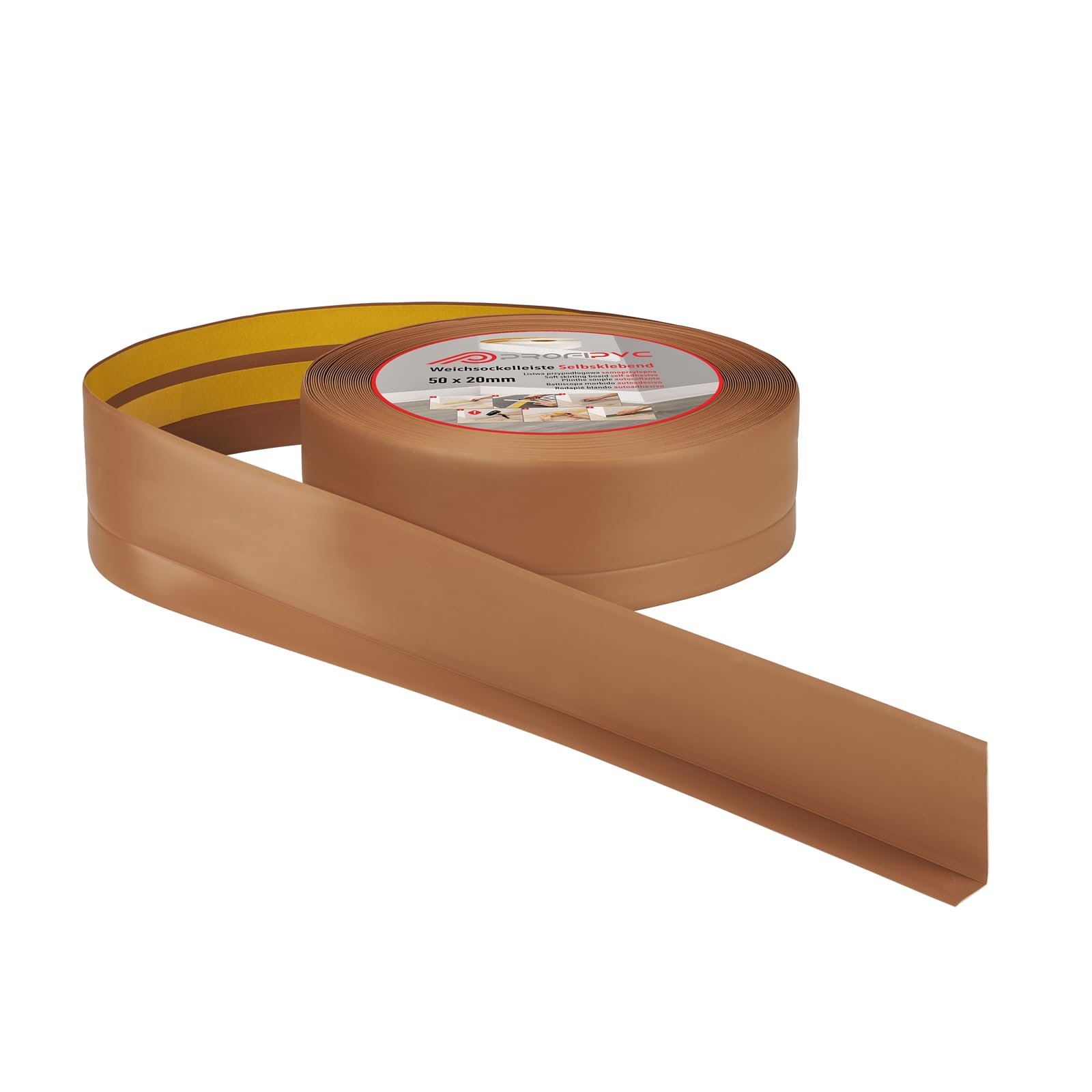 ProfiPVC Battiscopa PVC 50x20 mm - 5 metro, Adesivo, con Striscia Spezzata, Battiscopa Angolare Autoadesivo, flessibile e morbida, montaggio facile, 50x20 mm, Ambra