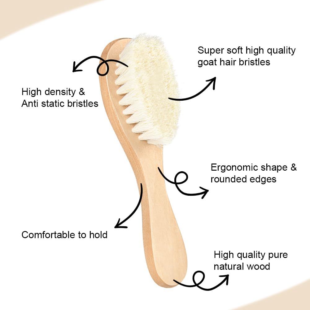 Aolso Brosse Cheveux Bebe Brosse, 3pcs Cheveux Poils de Chèvre doux Premium Brosse à bébé en Bois, Garçons et filles, Brosse cheveux bebe pour enfant et nouveau-né, Baby Shower Cadeau