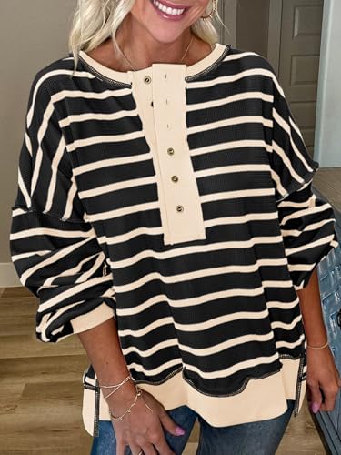 PRETTYGARDEN Womens Fall 2025 Striped Oversized Sweatshirt Long Sleeve Button Up Henley Neck Waffle Knit Pullover Tunic Tops4