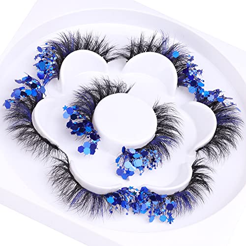 Fluffy Colored Lashes Mink Thick False Eyelashes Wispy 5D Long Dramatic Fake Eye Lashes Pack Decorative Blue Glitter Faux Mink Eyelashes 4 Pairs #TOP4