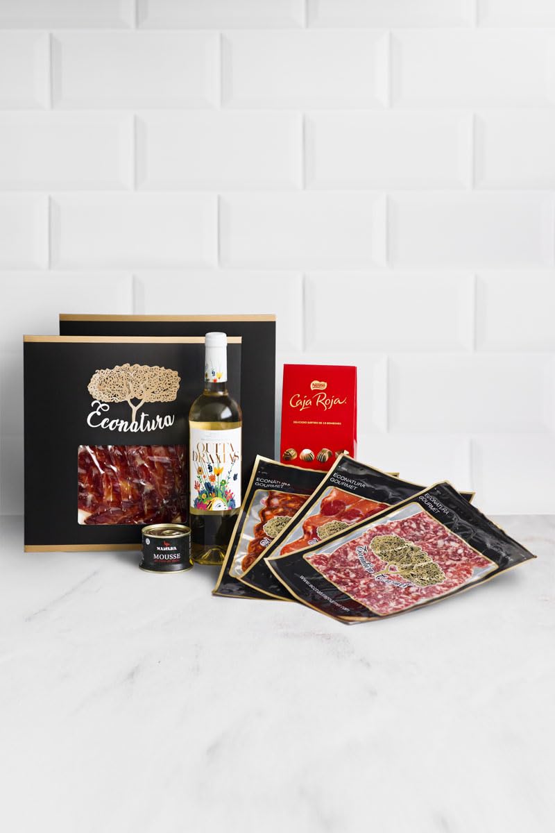 Cesta Gourmet para regalar. Jamón Ibérico Cebo, Salchichón Ibérico, Chorizo Ibérico, Lomo Ibérico, Pate de Pato y Bombones Nestlé Caja Roja. Cesta gourmet para regalar con bombones.