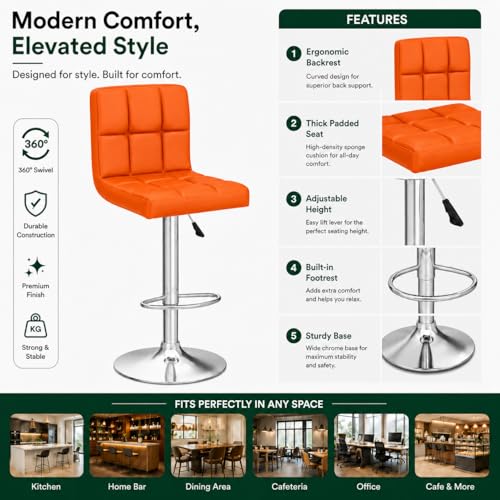 Image of Kemon KaiMeng Modern Adjustable Swivel Bar Stool Chair with Backrest, PU Leather Hydraulic Counter Stool with Footrest for Kitchen Island, Cafe & Home Bar, Orange, Square Tufted Back Stool