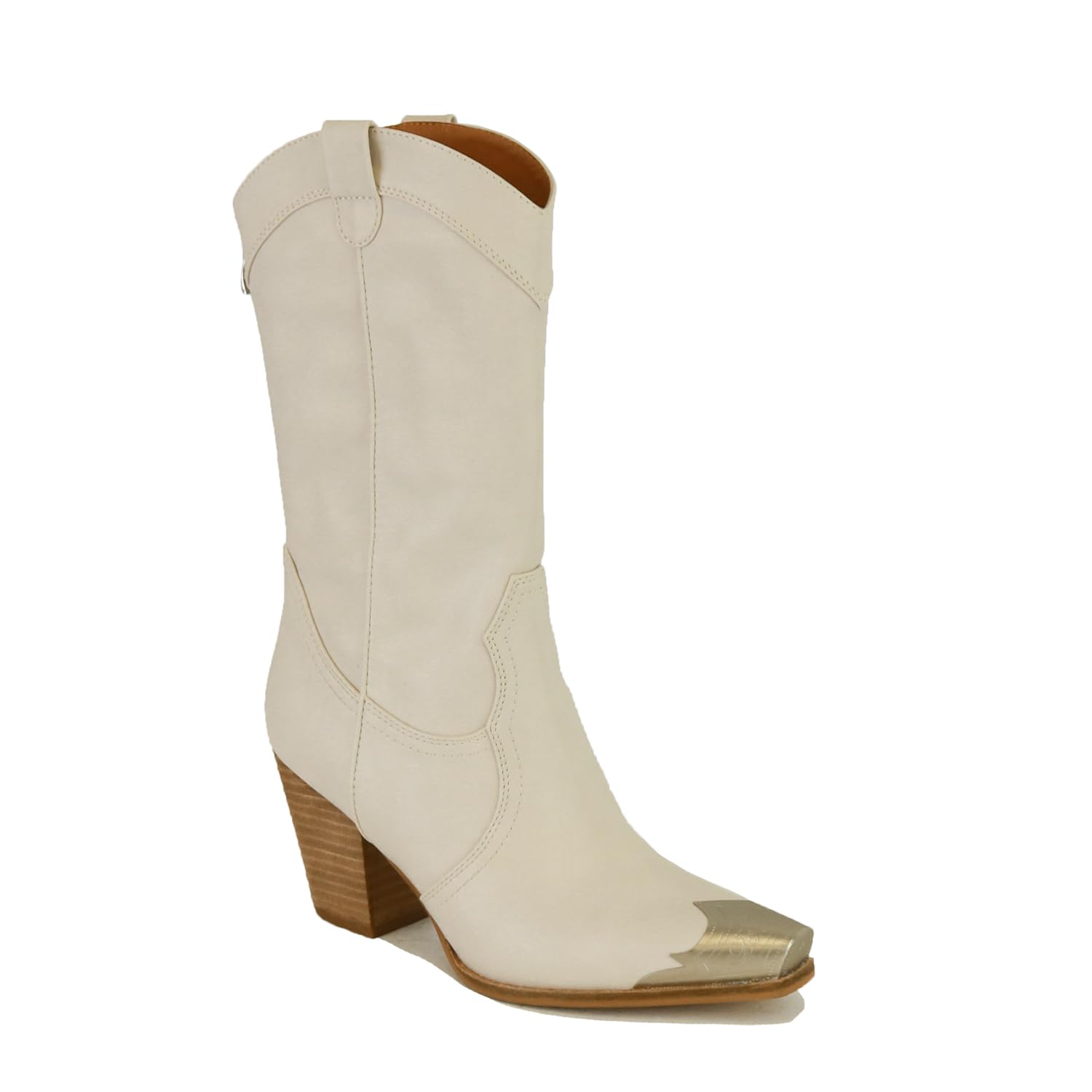 Western Metal Toe Boots for Women Cowgirl Boots Mid Calf Boots Stacked Heel Back Zipper Boots Cowboy Boots