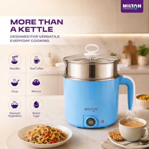 Image of Milton Electric Kettle Multipurpose 1.2L | 600W Multi Cooker Kessel | 4-in-1 with Idli Stand (2 Plates), Steamer With Stainless Steel Stand, Egg Boiler | 1 Year Warranty