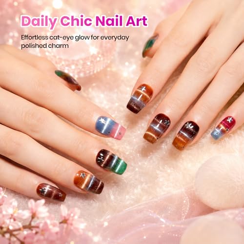 Image of Beetles Cat Eye Gel Nail Polish Set - Timeless Gleam 20 Colors Glitter Cat Eye Gel Nail Kit Nude Pink Red Blue Brown Black Magnetic Base Matte Glossy Top Coat Soak Off UV Manicure Salon Gift for Women