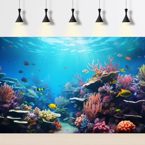 Image of Under The Sea Aquarium Background Vibrant Underwater Wonderland Terrarium Backdrop Coral Reef with Breathtaking Fish Tank Background Deep Ocean Underwater with Sunbeams Backgrounds 48x18in