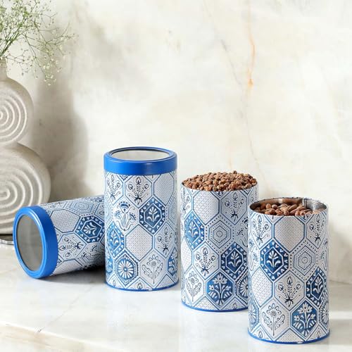 Image of Maroc Collection Airtight Kitchen Container Set (1400ML, Set of 4) | Food Grade Metal Jars for Rice, Atta, Besan & Flour Storage | Vacuum Lid, Rust Resistant, Stylish Moroccan Blue Canisters