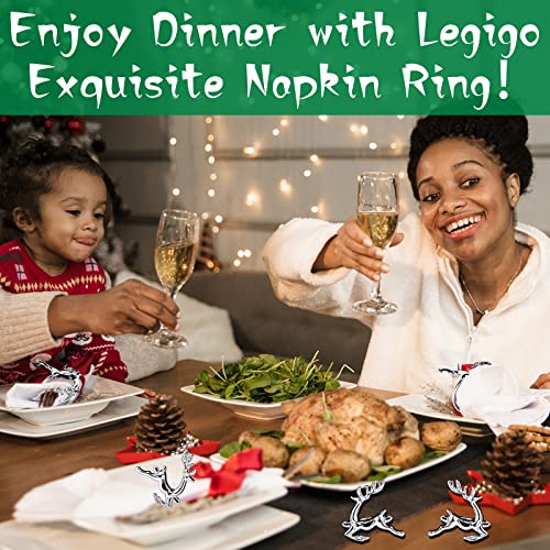 Image of legigo Set of 6 Christmas Deer Napkin Rings for Dinning Table Setting - Metal Napkin Holder Rings for Xmas Dinner Holiday Party, Wedding Receptions Dinning Table Setting (Silver)
