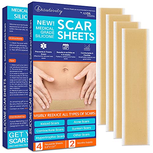 Silicone Scar Sheets, Silicone Scar Removal Sheets (2 Month Supply) - for Scars Caused by C-Section, Surgery, Burn, Keloid, Acne, and more, Soft Adhesive Fabric Strips, 5.7" x 1.57" 4 Reusable Sheets