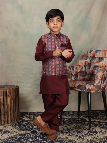 Image of Pro-Ethic Style Developer Kids Kurta Set For Boys With Waist Coat, Ethnic Wear for Diwali, Eid, Raksha Bandhan, Jacquard, Floral Print (Pack of 1)
