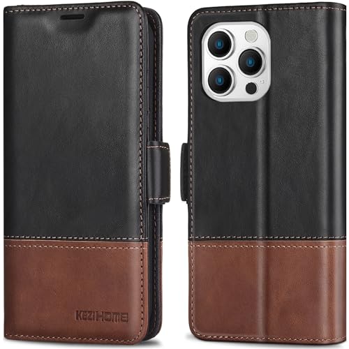 KEZiHOME for iPhone 15 Pro Max Wallet Case, Genuine Leather [RFID Blocking] Case Card Slot Magnetic Stand Phone Cover Flip Case Compatible with iPhone 15 Pro Max 5G iPhone 15 Pro Max Black/B