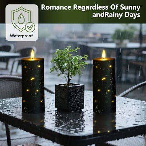 Image of kakoya 10 inch x 4 inch Large Outdoor Waterproof Flickering Flameless Candles with Timer,2Pcs Battery Operated LED Pillar Candles with Embedded Star String for Outdoor Lanterns,Porch,Patio Decor(Black)