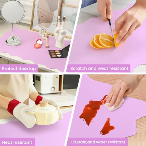 Image of PU Leather Desk Pad, Scalloped Non-Slip Mouse Pad & Large Desk Mat Cover Stitched Edges Writing Pad for Office, Home - Waterproof, Easy to Clean, Durable Surface I 31.4 inchx15.7 inch, Bonbon Pink