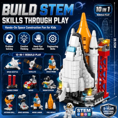 Image of SKY LINE OCEAN 8-in-1 Spaceship Building Block Set, 319+ PCS Spacecraft Construction Kit, STEM Educational Toy for Kids, Creative Rebuild Play Set, 5-Year Structural Warranty
