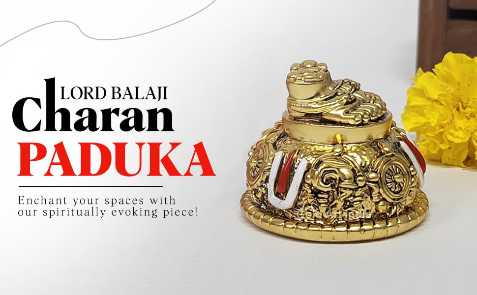 Image of Gold Art India Lord Balaji Charan Paduka 24 kt Gold Matte Finish Vishnu Charan Paduka for Pooja Room /Balaji for car Venkateswara Swamy Feet with Shanku Chakra Namam Best Gifting (Gold Plated 2 Inch)