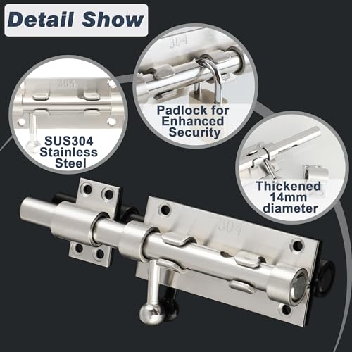 Image of Alise Slide Lock SUS304 Stainless Steel Gate Latch, Slide Bolt Latch,Thickened Heavy Door Latch Lock,8 Inch Brushed Barrel Bolt Latch, Security Slide Latch Lock