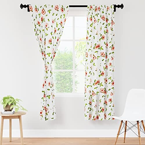 Encasa Homes Semi-Sheer 56x54 in Drop Long Rod Pocket Curtains, Chevron 1 Beige, Light Filtering Polyester Curtain with Tie Back for Bedroom Living Room, Botanical Floral Pattern Drapes, 2 Panels