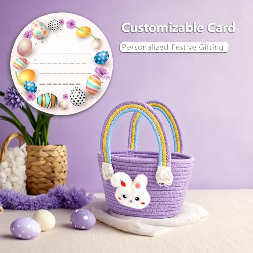 Image of Exun Bunny Baskets for Kids, Cute Cotton Tote Bag Hand-Woven Handbag with Rainbow Handles, Easter Egg Hunt Basket Bags for Boys, Girls, Toddler, Babies, Easter gift basket Personalized (Purple)