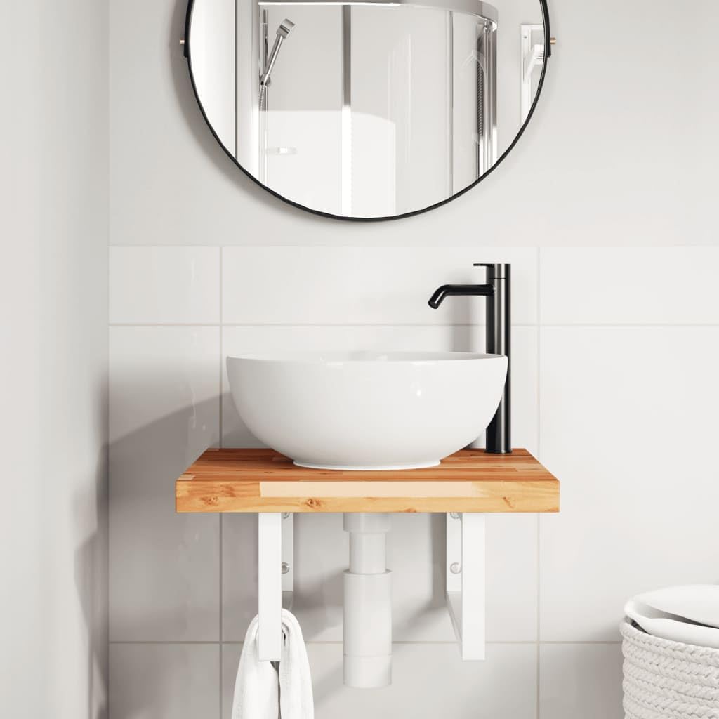 Estantería para lavabo de pared de acero y madera de acacia con estante de 50 x 50 cm, soporte blanco, ahorra espacio para el baño, espacio de almacenamiento y organizador en el lavabo