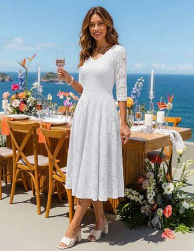 Image of Dressystar Womens Long-Sleeve Wedding Guest Dress A-Line Lace Formal Party Cocktail Midi Dress Prom Gown