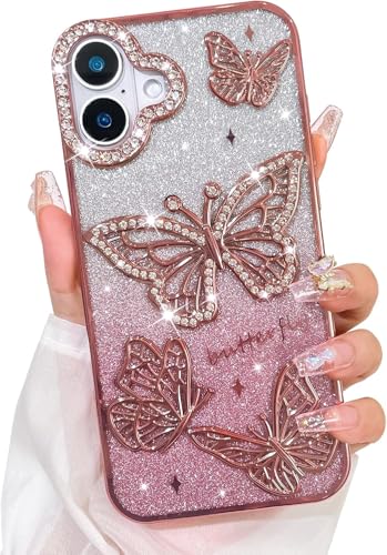 Image of VONZEE Electroplated Butterfly Case Compatible with iPhone 17, Pearlescent Diamond Sparkle Soft TPU Cover, Shockproof Drop Protection, Camera Lens Guard Stylish Phone Case for Women & Girls, Pink
