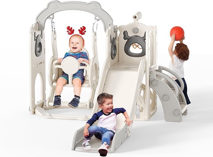 TOYBY Swing and Slide Set for Toddler,7 in 1 Kids Climber Slide Playset for Toddlers Age 1-6 with Basketball Hoop and Long Slide,Playground Swing Set for Indoor Ou r Backyard (Grey)