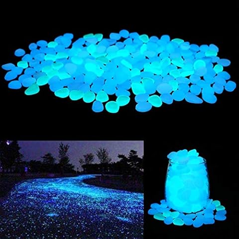 UNIME Glow in The Dark Garden Pebbles Stones Rocks for Yard and Walkways Decor, DIY Decorative Luminous Stones in Blue (200 PCS) Cover