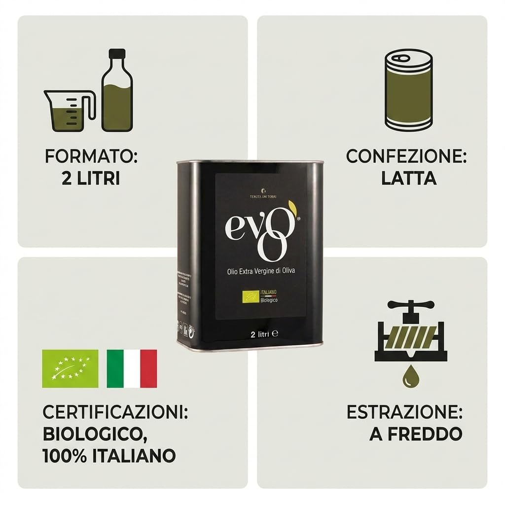 EVOO Tenuta 100 Torri - Olio Extravergine di Oliva Blend Daily Organic pack da 2 x 2 Litri in latta, Estratto a Freddo, 100% italiano delle Marche